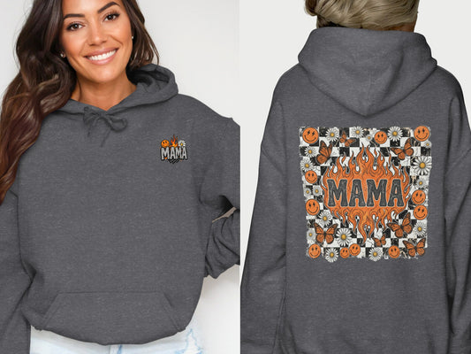 Dark gray hoodie with "MAMA" and butterfly flame design on back.