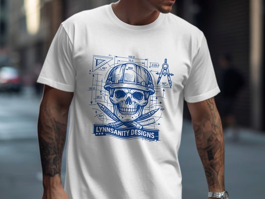 T-shirt with skull, bullets, and technical drawing elements featuring "Lynnsanity Designs" text.