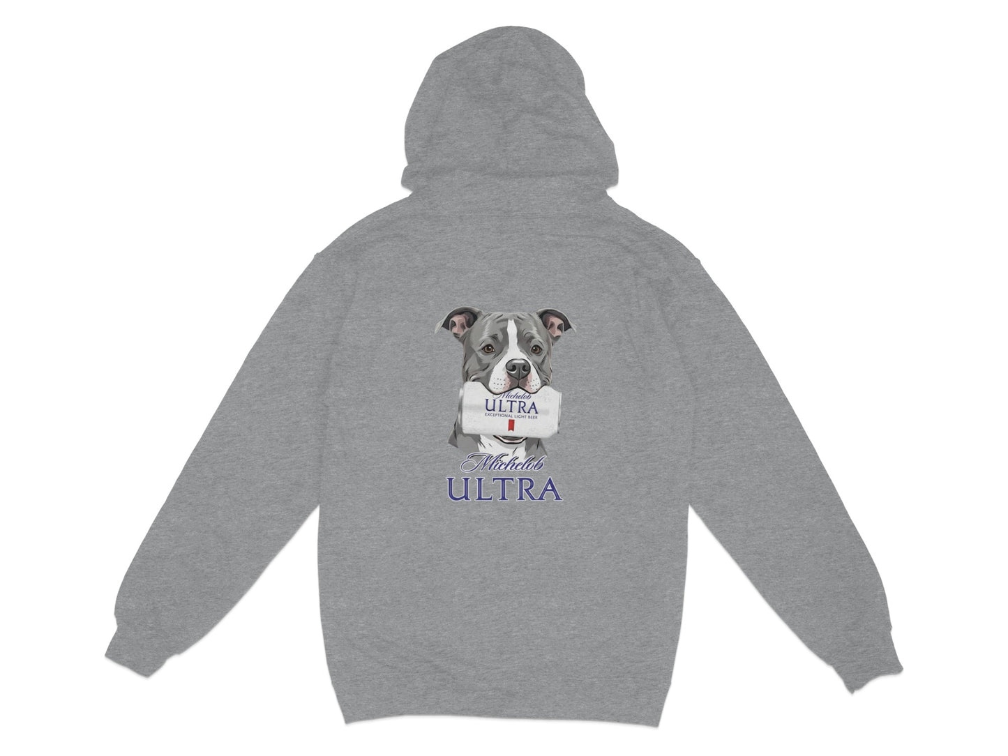 Grey hoodie with a Pitbull holding a Michelob ULTRA can.