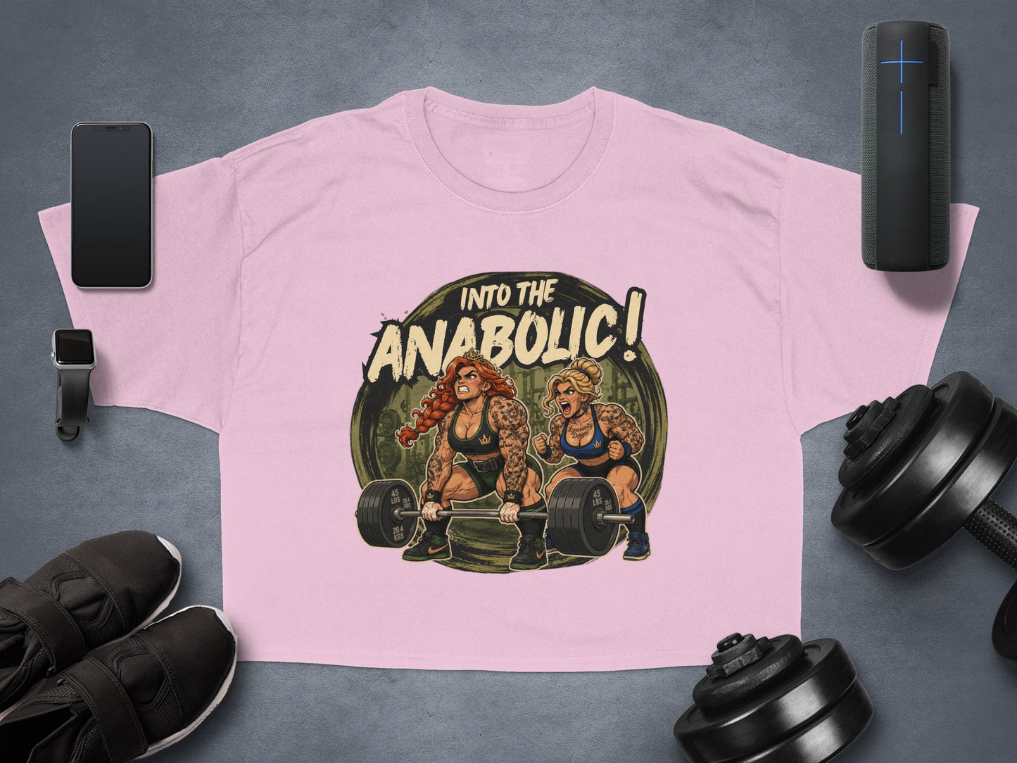 Two muscular women lifting weights under "Into the Anabolic!" text.