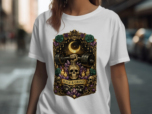 Skull holding barbell with crescent moon, roses, and "Rise & Grind" text.
