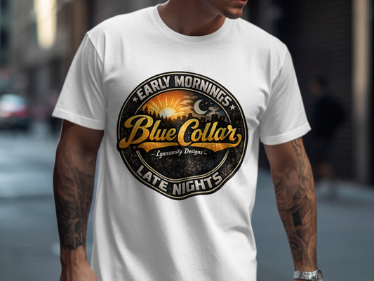 White t-shirt with "Blue Collar Late Nights" circular logo and sunrise/sunset graphic.