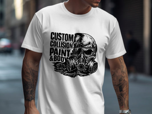 White t-shirt with skull wearing gas mask and "Custom Collision Paint & Body" text.