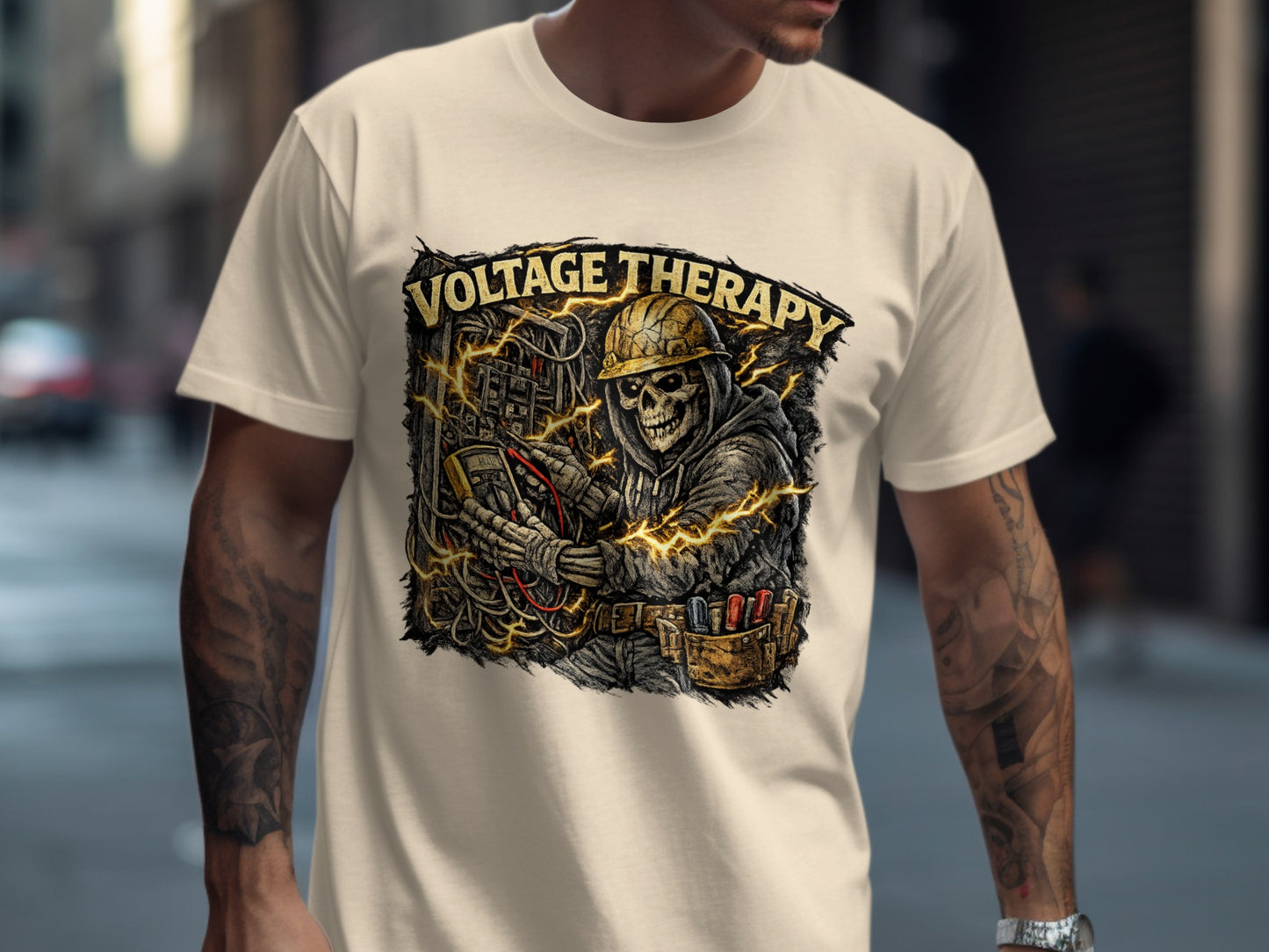 T-shirt graphic of a skeleton in a hard hat working with electrical wires.