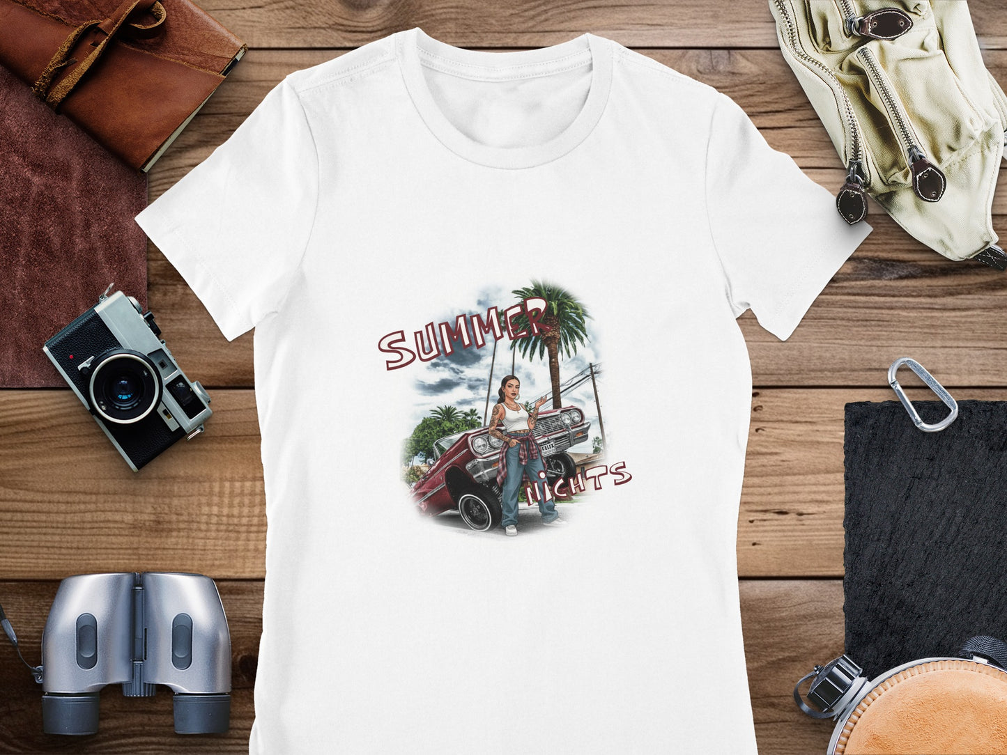 T-shirt graphic with text "SUMMER NIGHTS" and a woman with a classic car and palm tree.