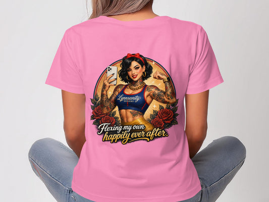Woman wearing a pink t-shirt with tattoo art and a quote about happiness.
