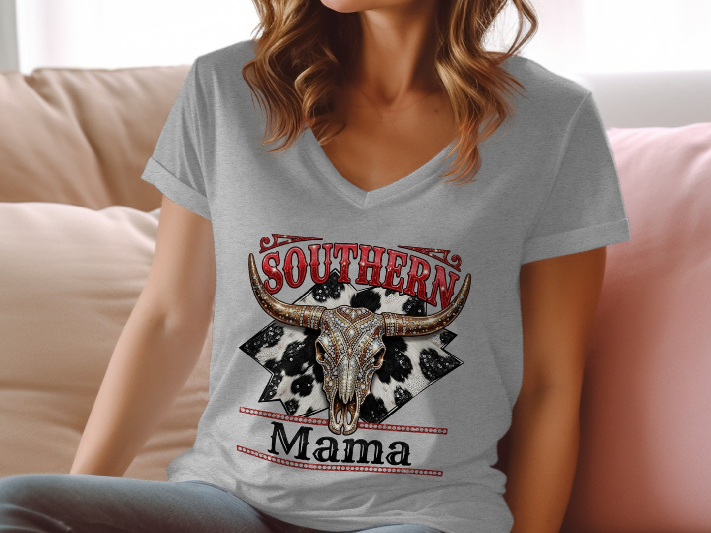 Gray v-neck t-shirt with "SOUTHERN Mama" and a cow skull graphic.