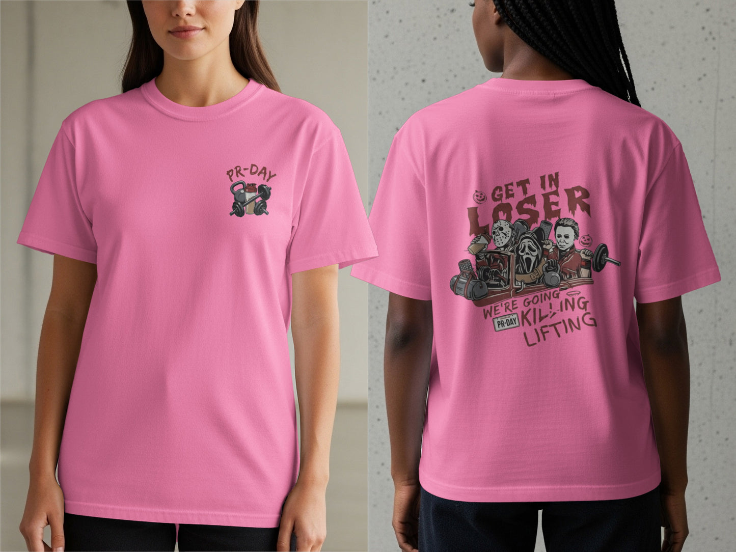 Pink t-shirt with "PR-DAY" logo on front and horror characters lifting weights on back.