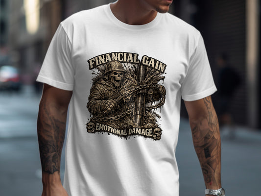 T-shirt with skull soldier graphic, chains, and text "FINANCIAL GAIN EMOTIONAL DAMAGE."