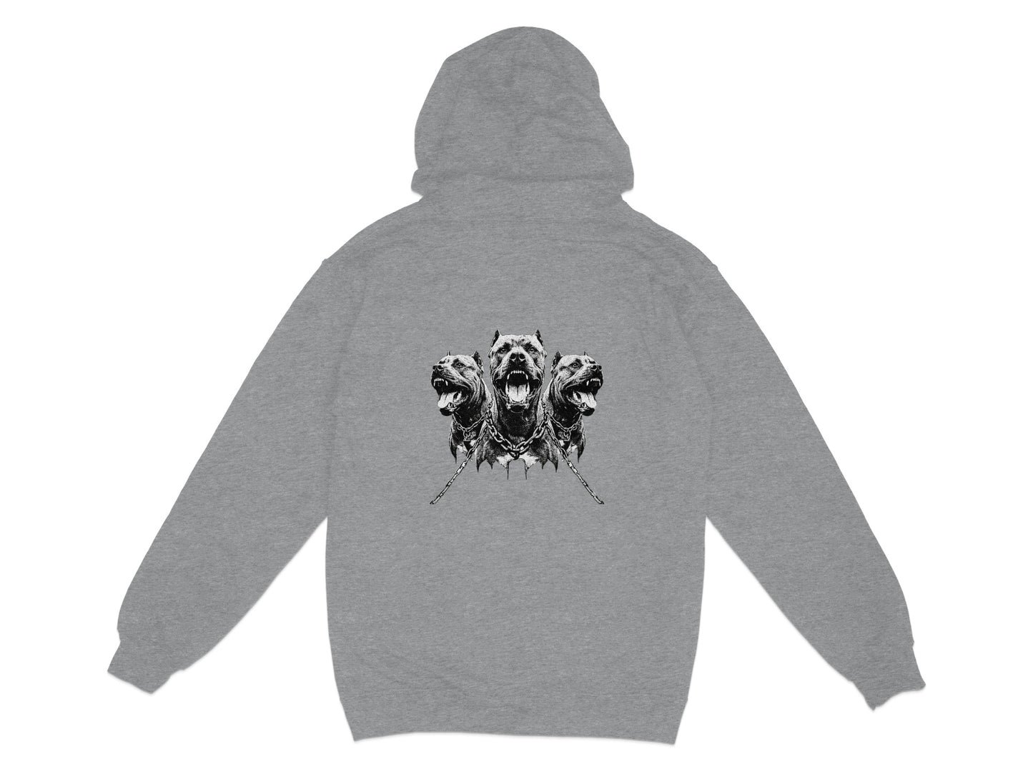 Grey hoodie with a three-headed dog graphic on the back.
