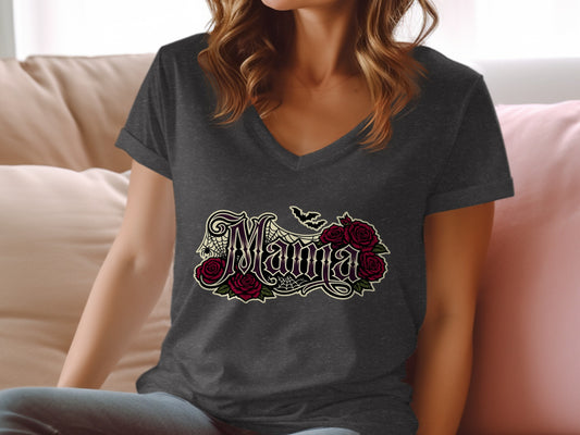 Dark gray v-neck t-shirt with "Mama" gothic lettering, roses, and bats.