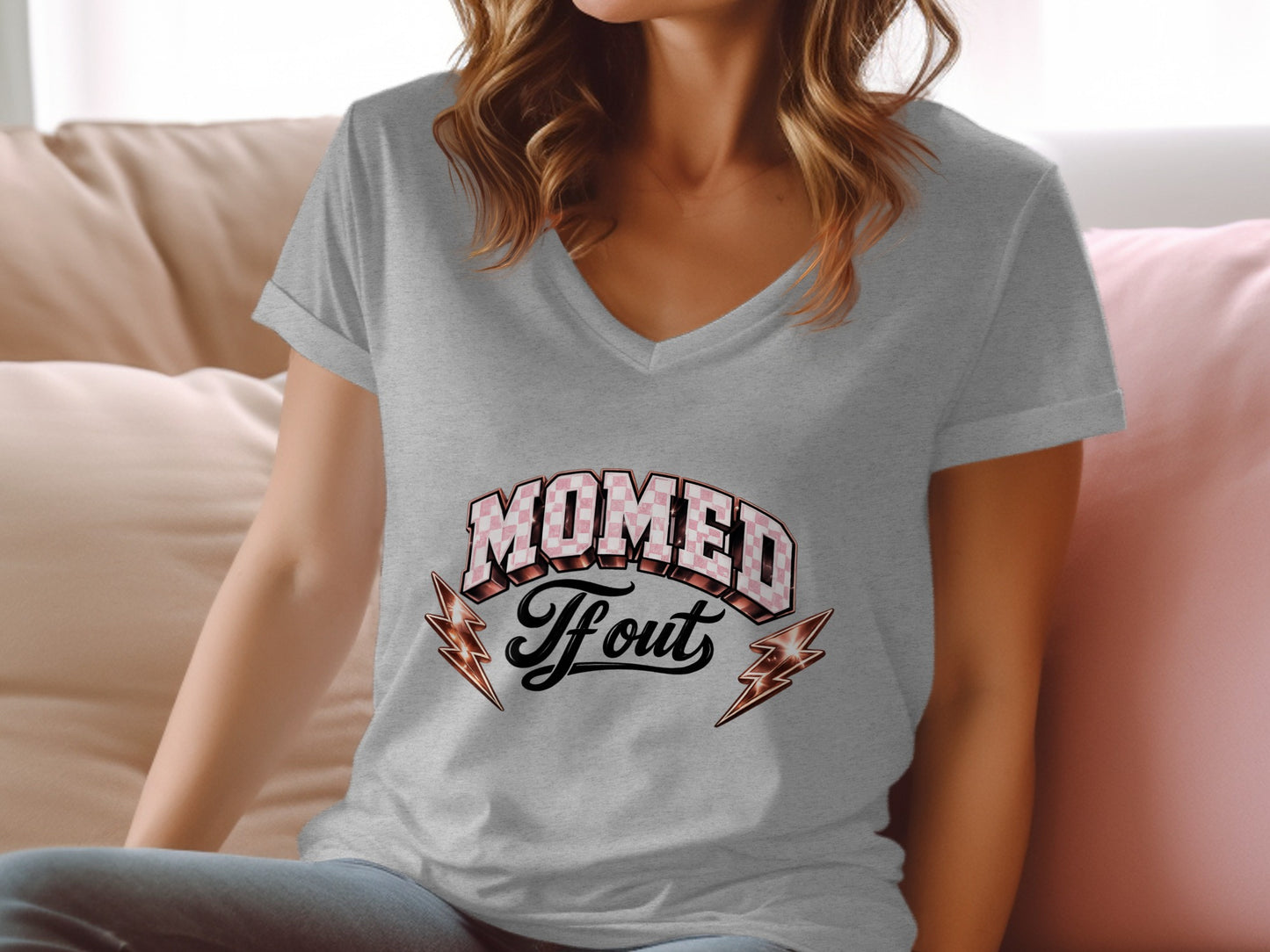 Gray v-neck t-shirt with "Mommed If Out" text and lightning bolts.