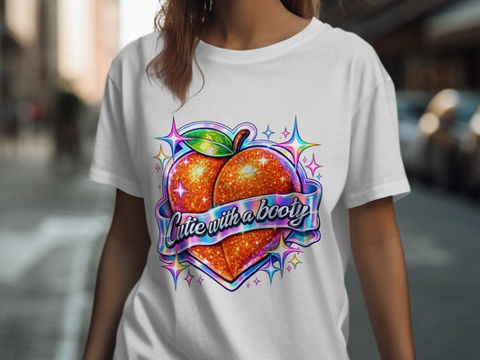 Glittering peach heart graphic with ribbon that reads "Cutie With A Booty" on a t-shirt.