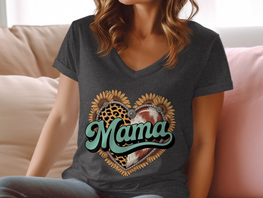 Dark grey v-neck t-shirt with "Mama" design featuring heart, sunflowers, leopard print, and cowhide.