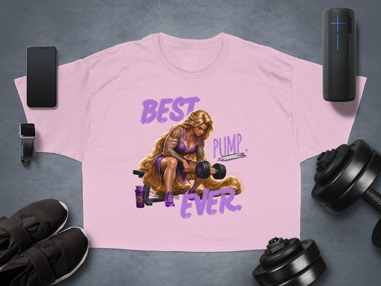 Woman with tattoos lifting weights, "Best Pump Ever" text.