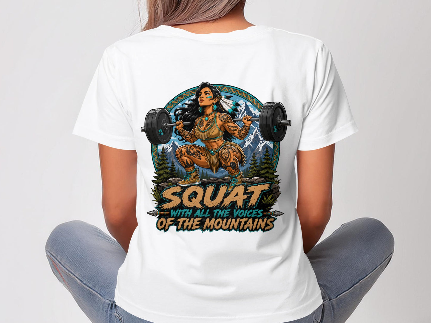 Woman performing a barbell squat with mountainous background and text "SQUAT WITH ALL THE VOICES OF THE MOUNTAINS".