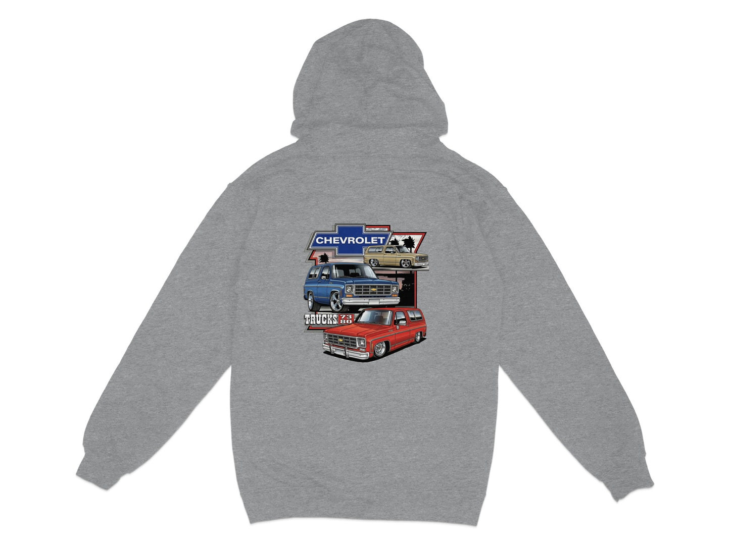 Chevrolet trucks graphic on a gray hoodie.