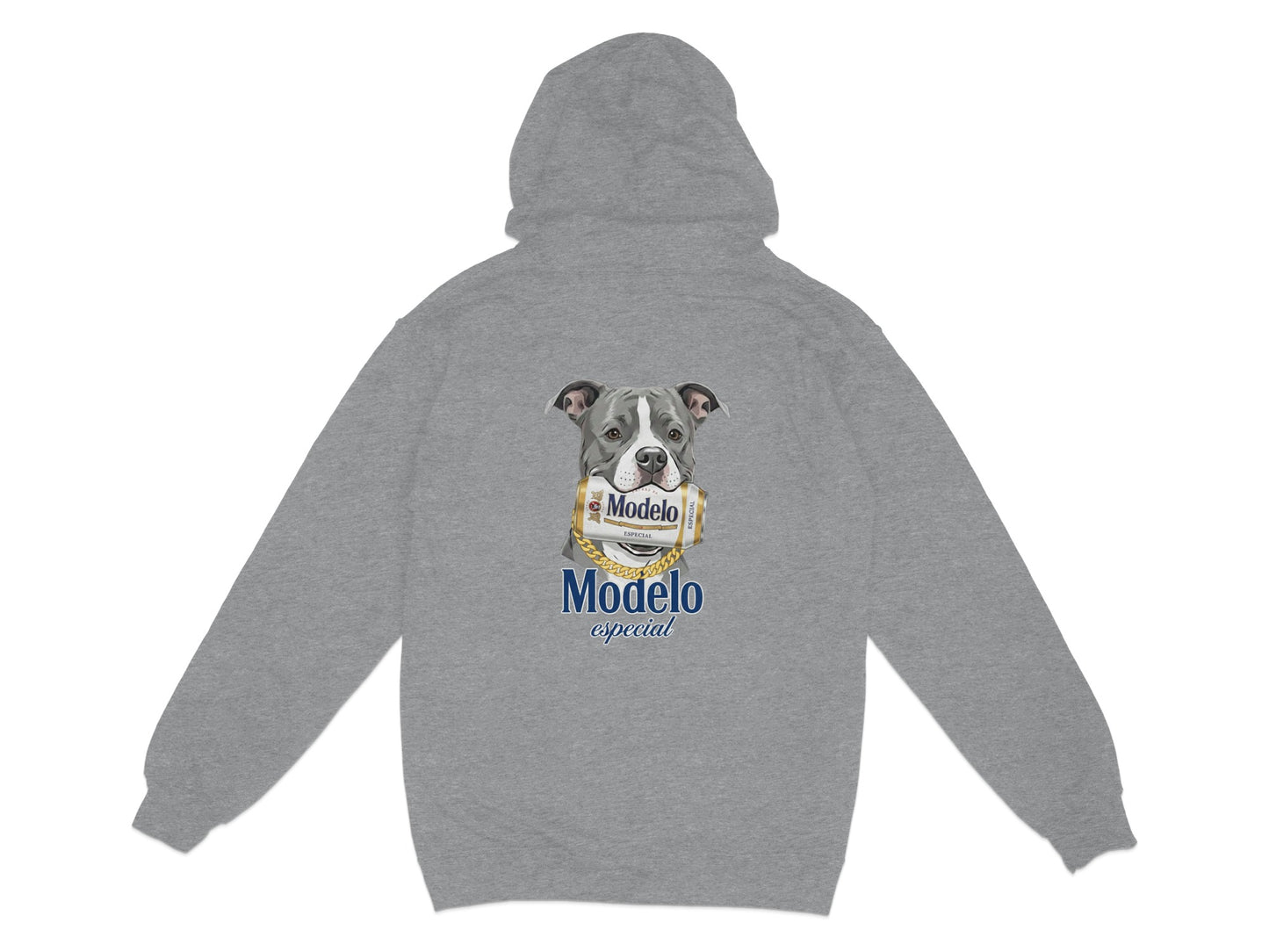 Grey hoodie with a pit bull wearing a Modelo Especial beer can necklace.