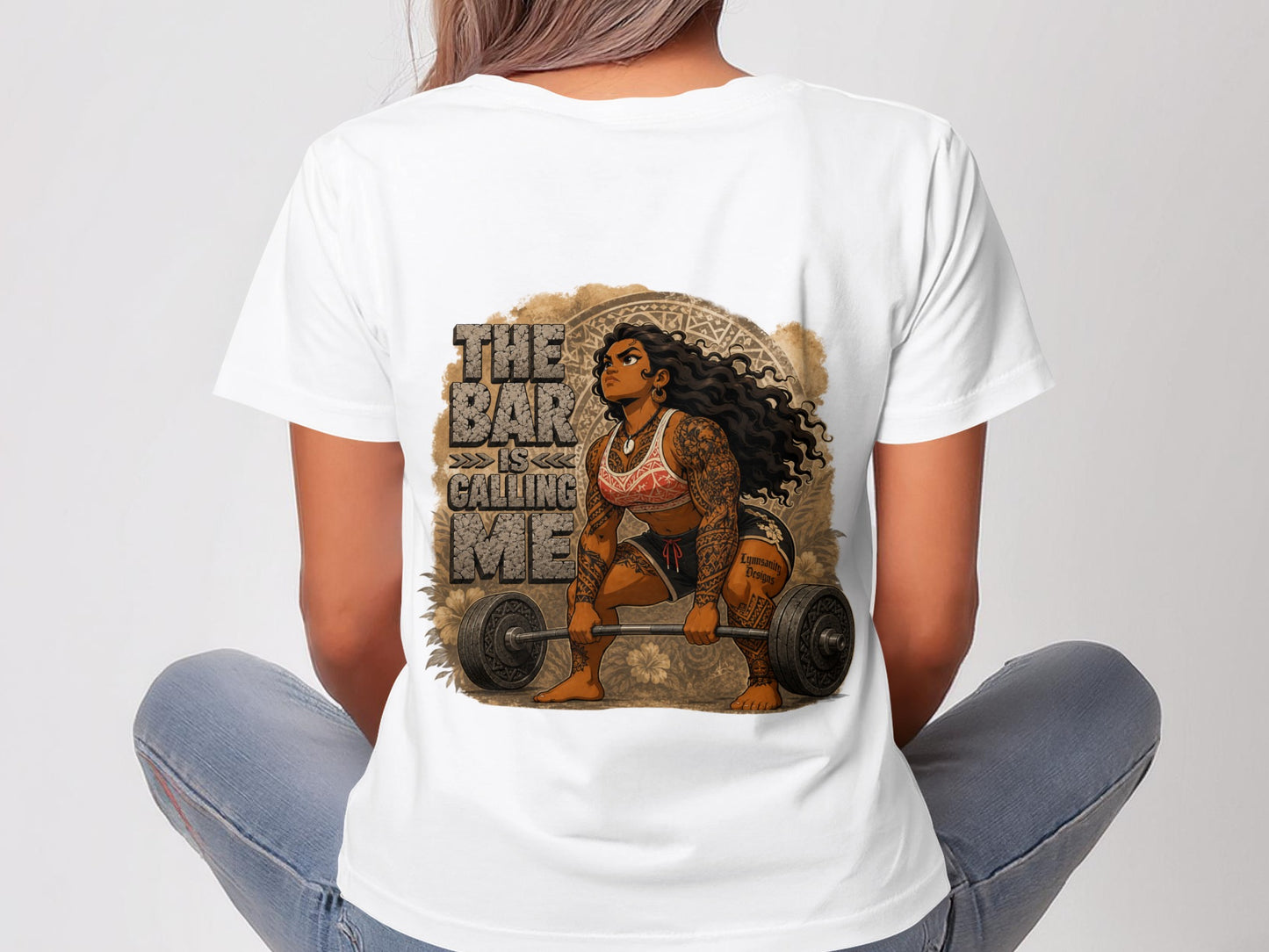 Woman in white t-shirt with "The Bar Is Calling Me" graphic and woman lifting weights.