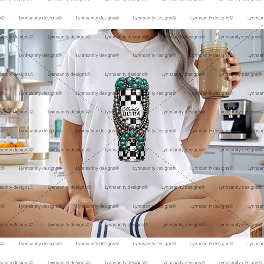 Black Checkered Turquoise Beer Can Digital Design