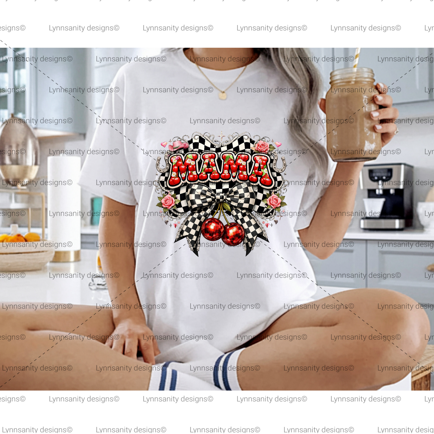 Mama Cherry Bow Checkerboard PNG