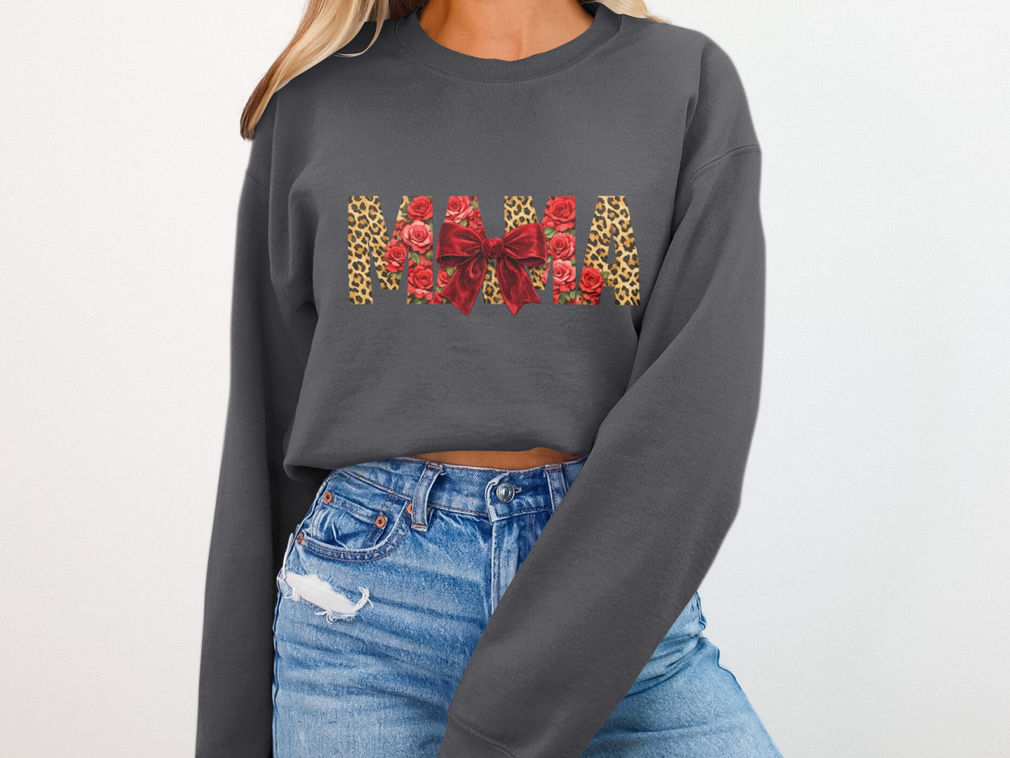 Dark grey sweatshirt with "Mama" in red roses and leopard print.
