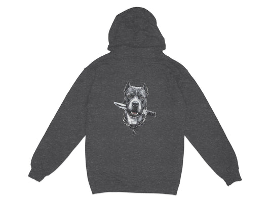 Dark grey hoodie with a fierce dog and knife graphic on the back.