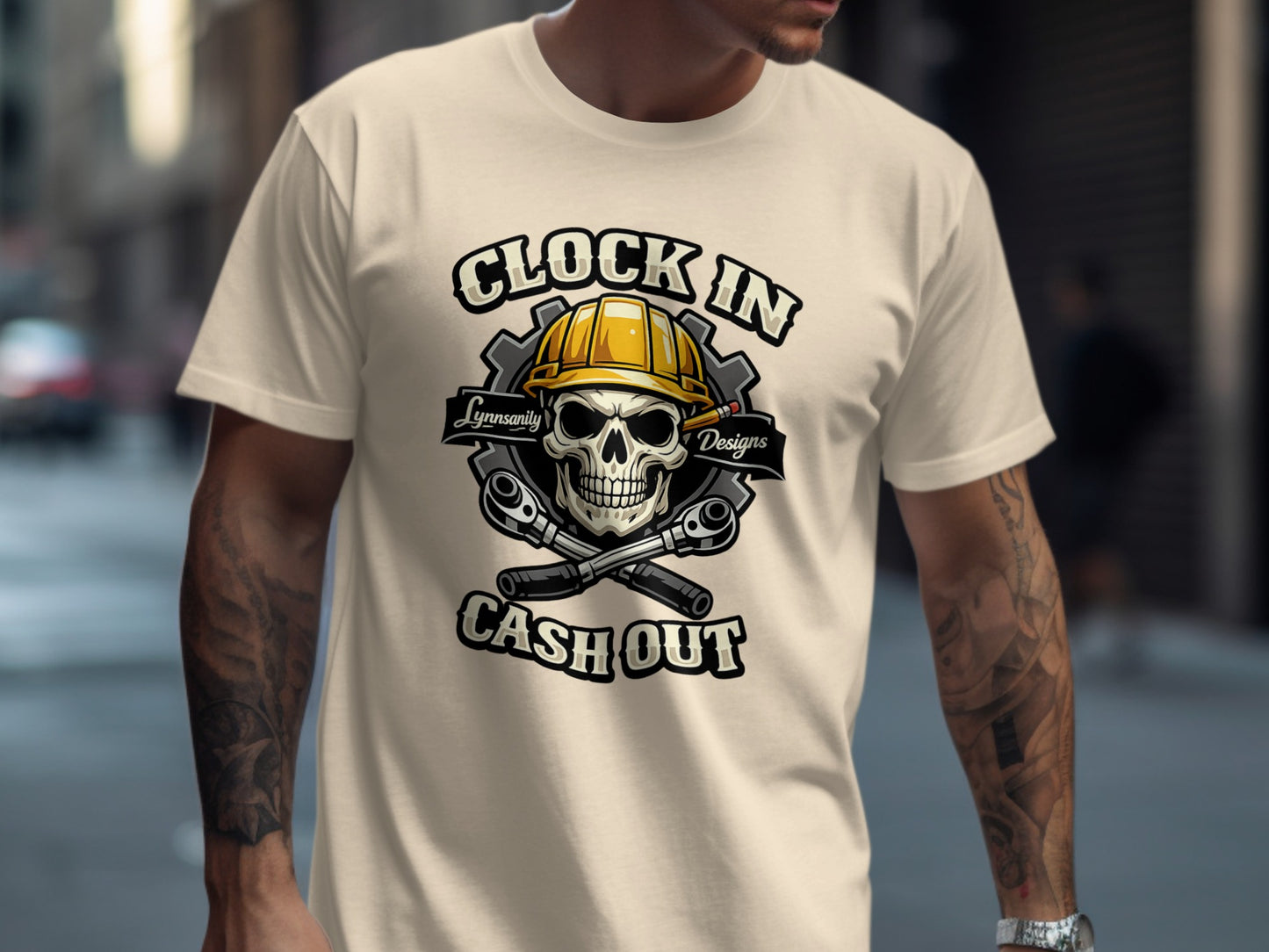 Skull with wrenches and gears, "Clock In Cash Out" text, from Lynn'sanity Designs.