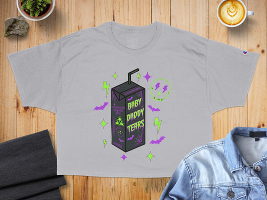 Gray cropped t-shirt with "Baby Daddy Tears" graphic and purple lightning bolts.