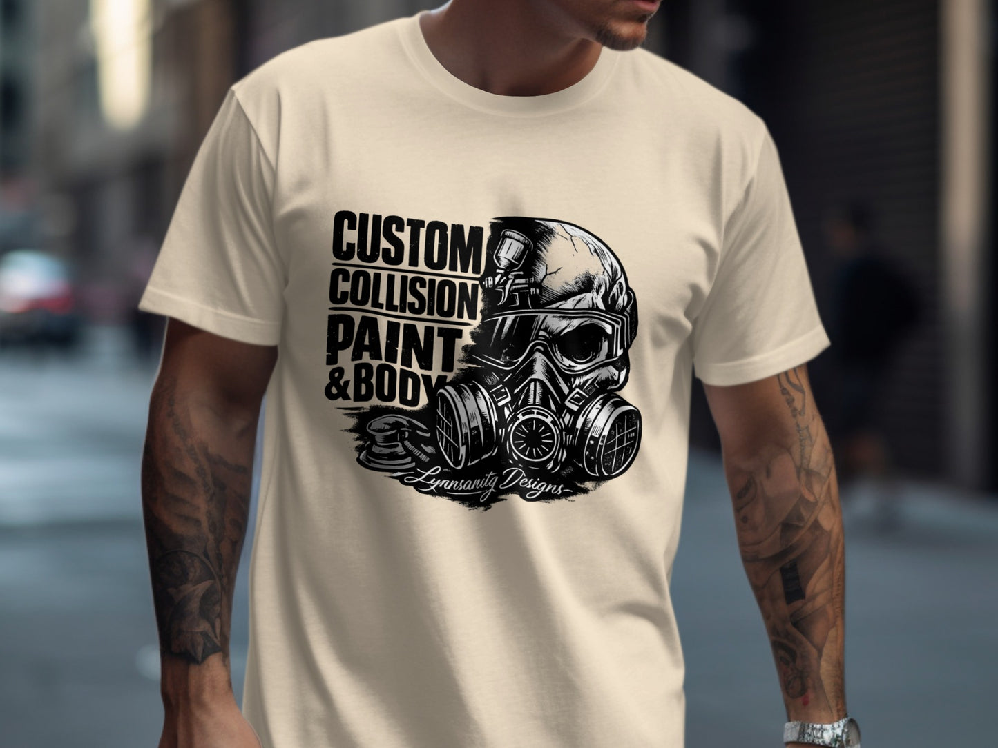 T-shirt with graphic of skull in gas mask and text "CUSTOM COLLISION PAINT & BODY".