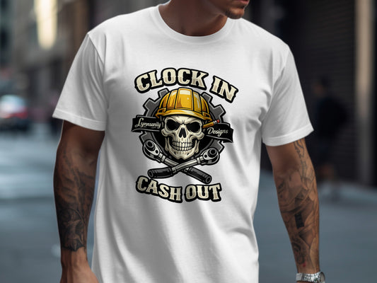 White t-shirt with "Clock In Cash Out" skull, gears, and tools design.