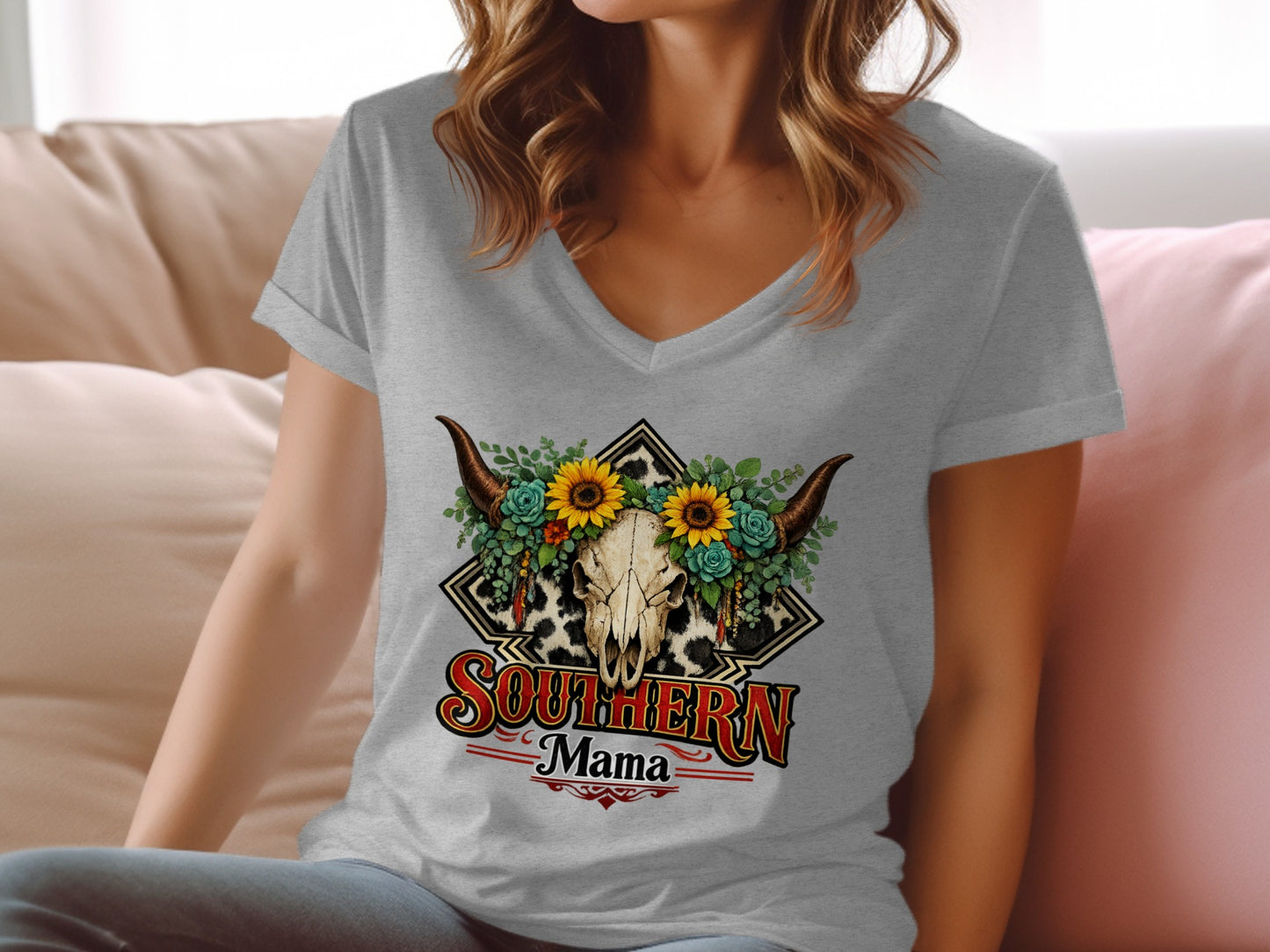 Grey v-neck t-shirt with bull skull and "Southern Mama" graphic.