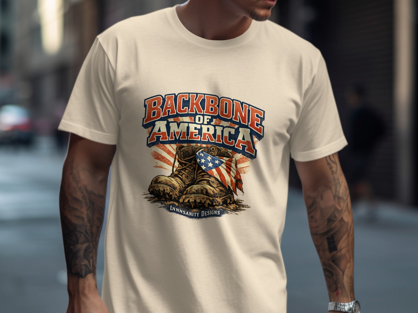 Tan t-shirt with "Backbone of America" text, combat boots, and American flag.