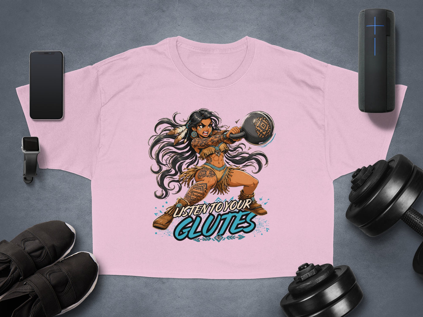 Woman with tattoos lifting a kettlebell, "Listen to Your Glutes" text.