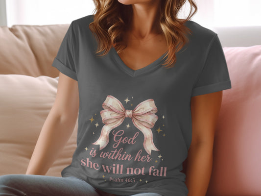 Dark grey v-neck t-shirt with pink bow and "God is within her she will not fall" text.