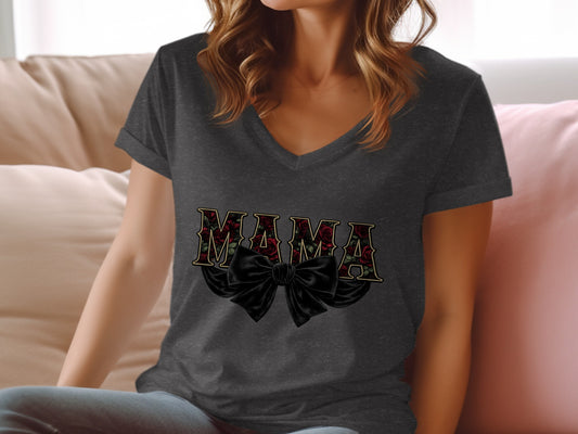 Dark grey v-neck t-shirt with "MAMA" in floral lettering and a black bow.