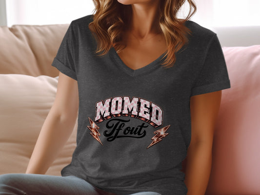 Dark v-neck t-shirt with "Mommed ff Out" in checkered and lightning bolt design.