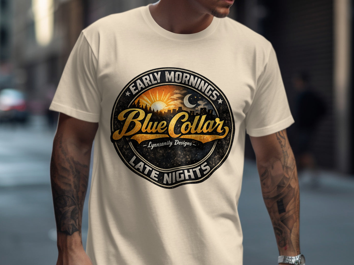 Cream t-shirt with "Early Mornings, Late Nights, Blue Collar" circular logo.