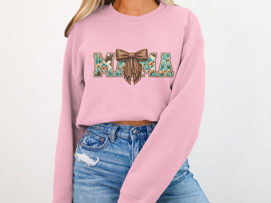 Pink sweatshirt with "Mama" graphic in western floral and cactus print.