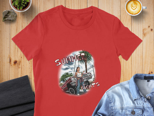 Red t-shirt with graphic of woman leaning against a classic car, palm tree, and "Summer Nights" text.