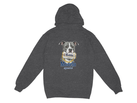 Hoodie with a pit bull wearing a Modelo Especial can around its neck.