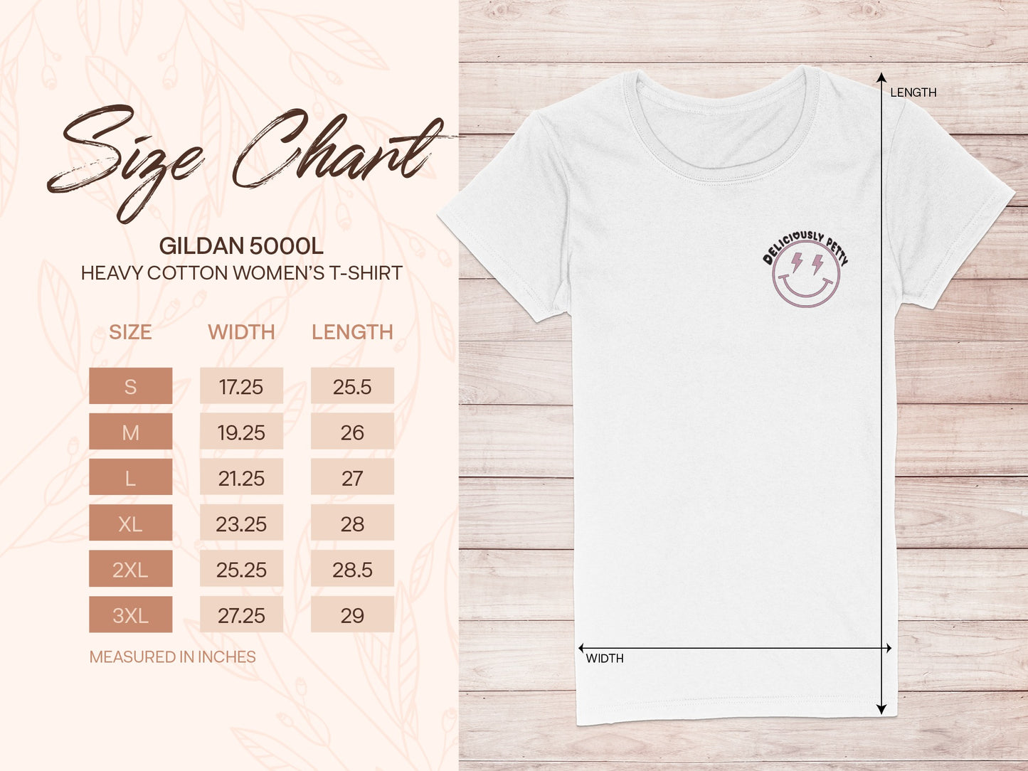 Gildan 5000L women's t-shirt size chart with measurements in inches.