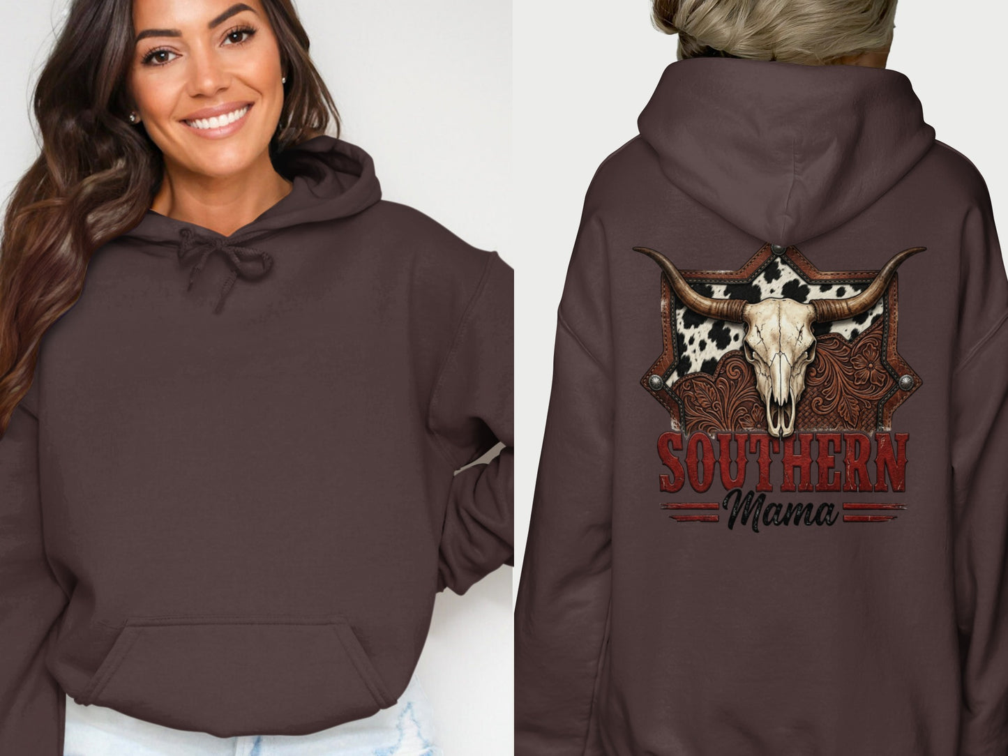 Brown hoodie with a bull skull and "Southern Mama" graphic on the back.