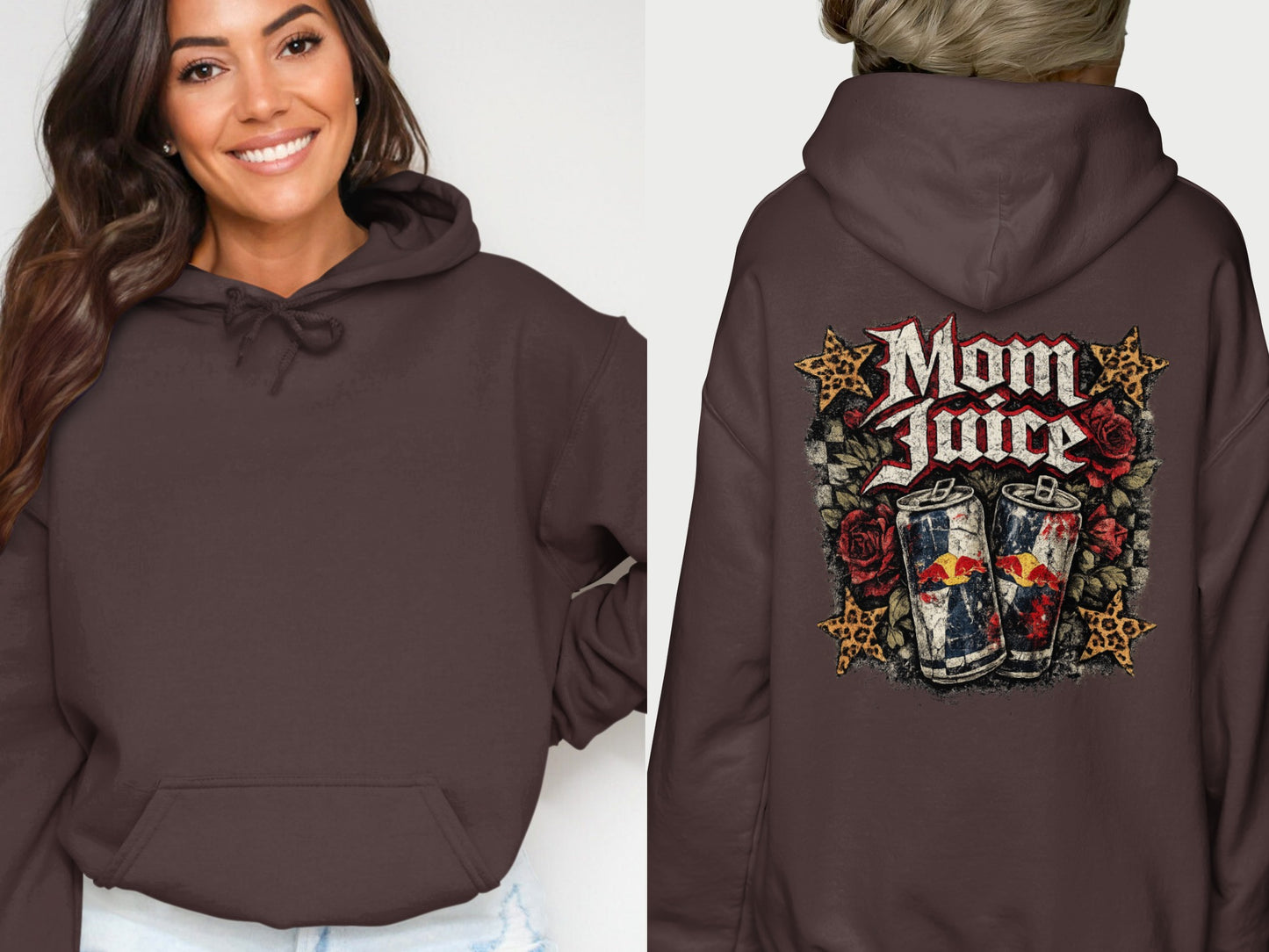 Brown hoodie with "Mom Juice" graphic, roses, and leopard print.