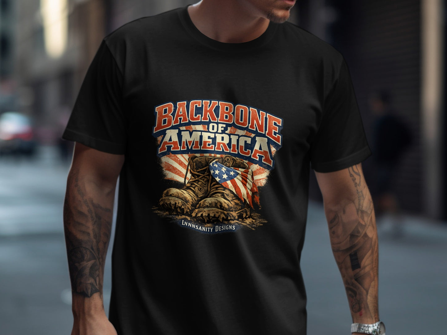 T-shirt with boots and American flag graphic, reads "Backbone of America".