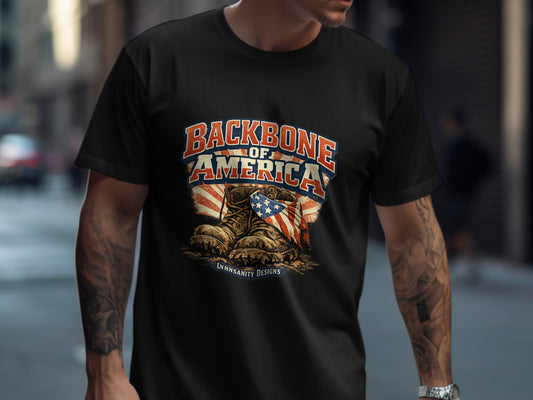 T-shirt with boots and American flag graphic, reads "Backbone of America".