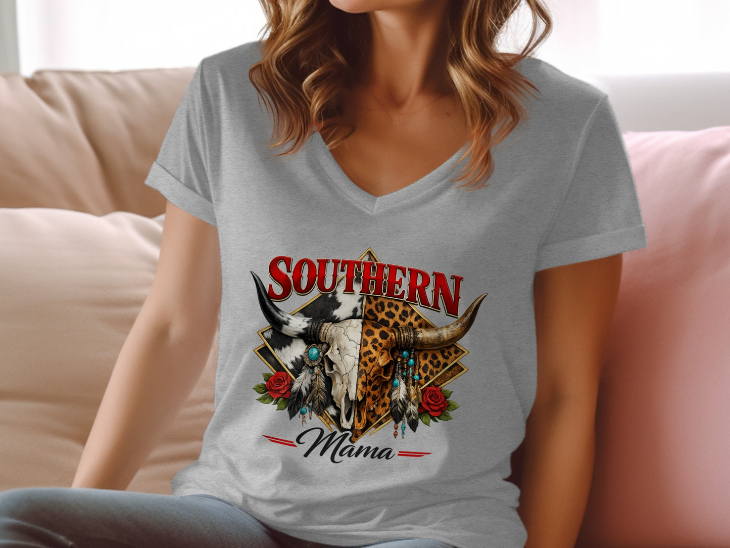 Gray v-neck t-shirt with Southern Mama text and bull skull graphic.