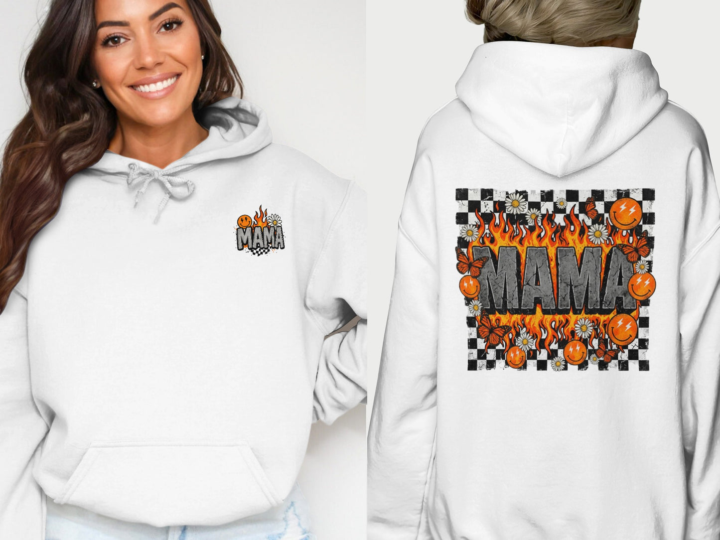 White hoodie with "MAMA" text and fire, butterfly, and checkered flag graphics.
