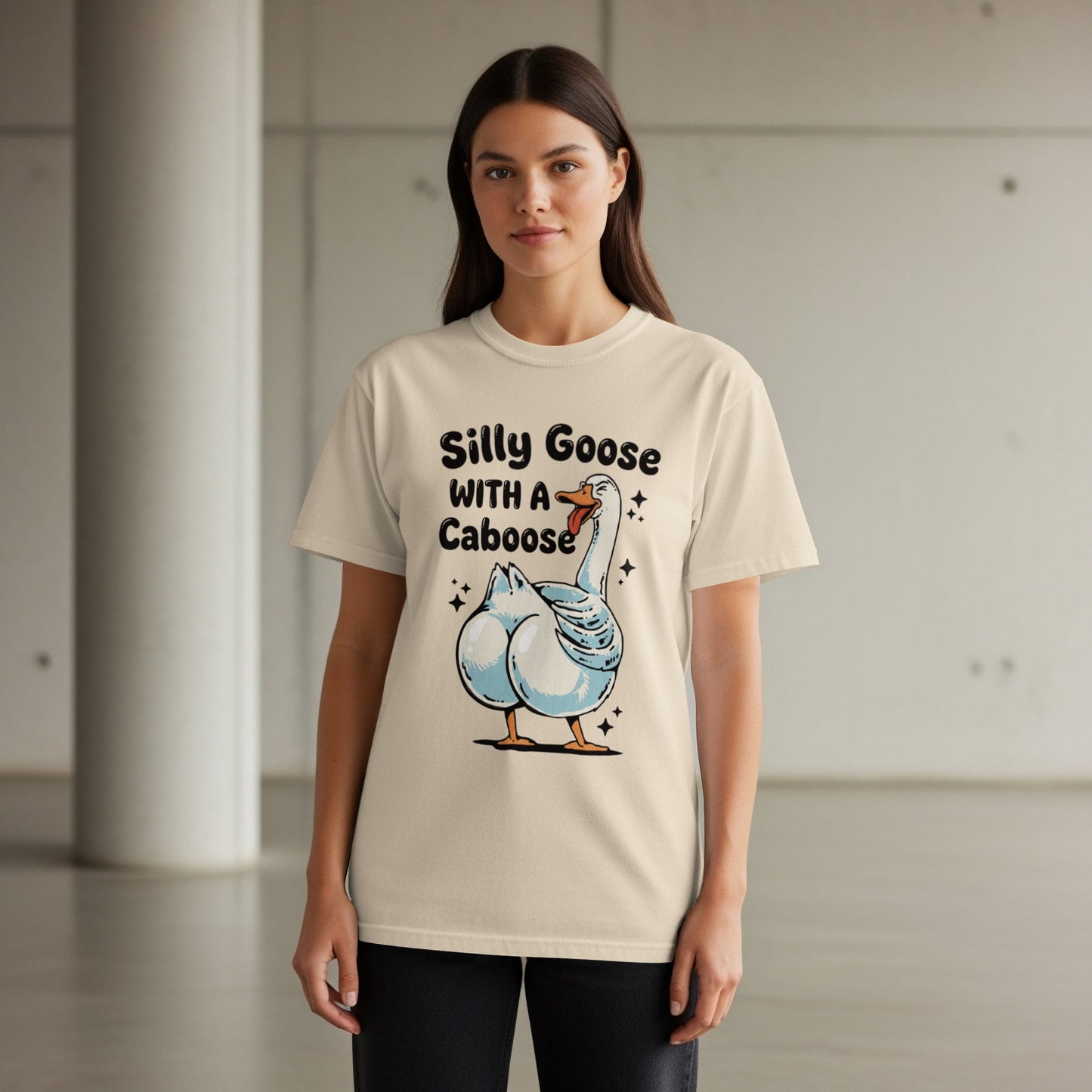 T-shirt with a cartoon goose and text "Silly Goose with a Caboose."