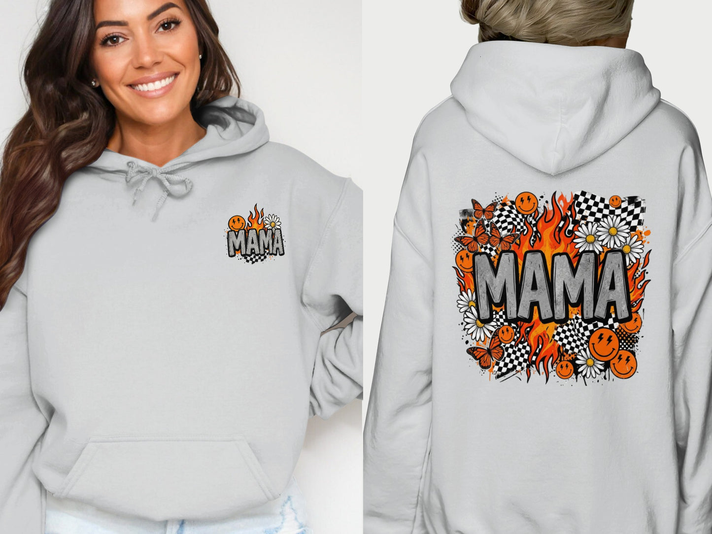 Gray hoodie with "MAMA" text, flames, butterflies, and smiley faces.